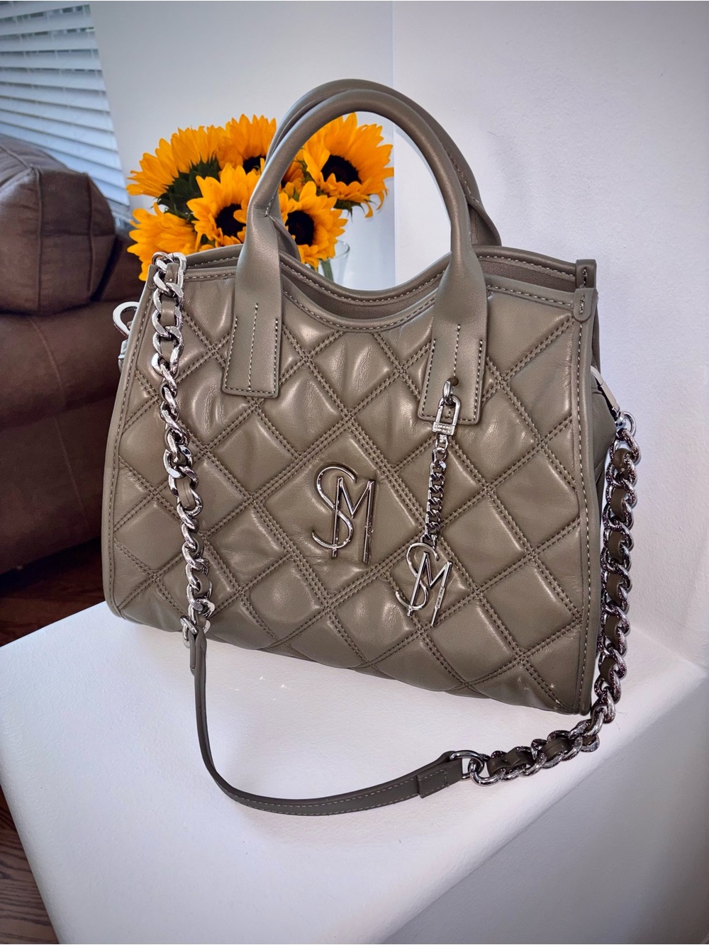 Steve Madden Taupe Quilted Satchel Bag Chain Strap Top Handle Crossbody Purse